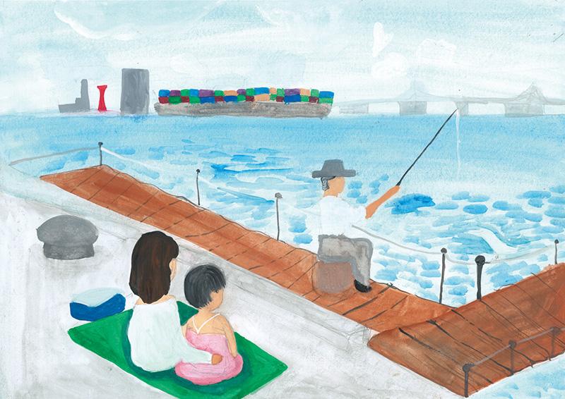 佳作 近畿海事広報協会会長賞 【ぜんぜん つれへん】 絵画造形教室アートラボ 松原市立松原中学校2年 清水 愛香